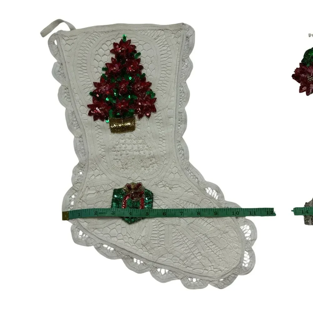 APRIL CORNELL Christmas Stocking Decoration White Lace Sequin Appliqués Set of 2